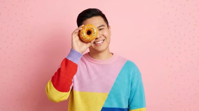 Young Asian Man Holding Glazed Donut Over Eye in Colorful Patchwork Sweater