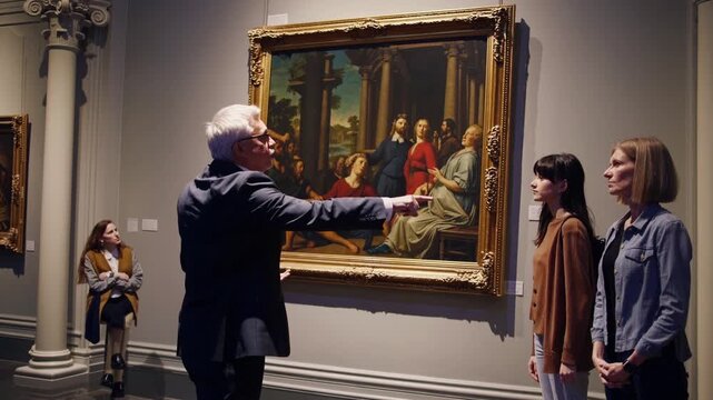 museum guide explains classical painting, white elderly male guide gestures toward ornate baroque canvas while two young white women listen attentively in dim gallery with column and seated visitor,