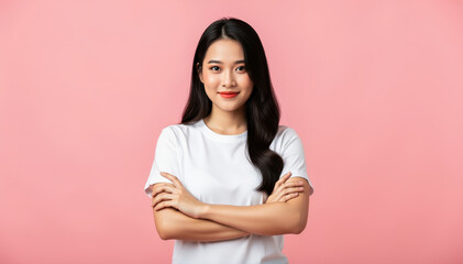 Fototapeta premium Poised Confidence: A radiant woman with flowing hair exudes confidence, her arms crossed in a pose that speaks volumes against a soft backdrop.