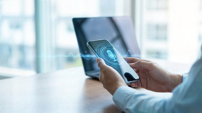 AI assistant voice chat interface.Person interacting through microphone with AI voice chat. Digital communication, speech recognition, and smart technology enabling natural conversation.	