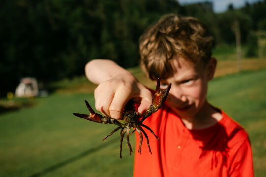 boy showing crayfish he just caught 