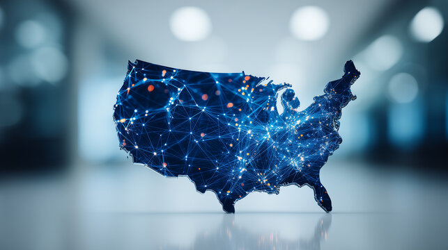 Connected map of the United States representing nationwide digital network and infrastructure coverage concept.

