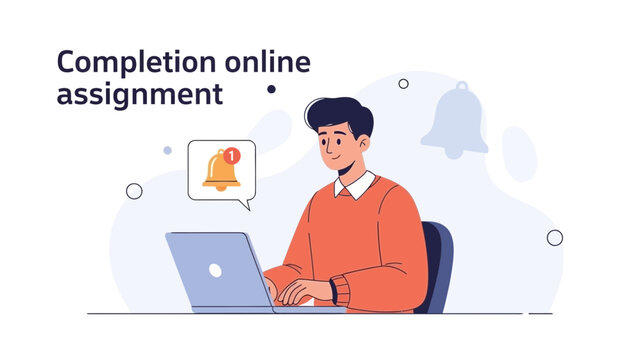 Student completing online assignment on laptop with notification bell icon
