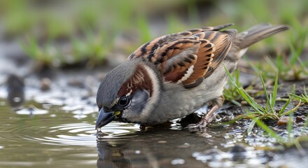 Close up photograph of a small house sparrow bird delicately drinking water from a muddy puddle on the ground