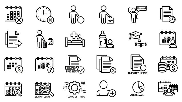 Collection of leave management system line icons, including various calendar and document symbols.