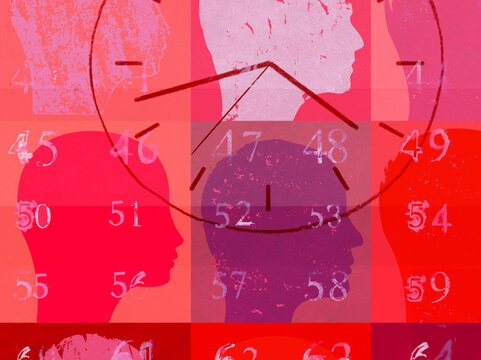 Tightly cropped Menopause Concept with Heads and Clock And Text. 