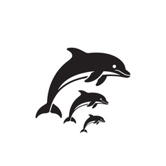 Obraz premium Black and White Dolphin Family Silhouette Illustration Minimal Marine Wildlife Design