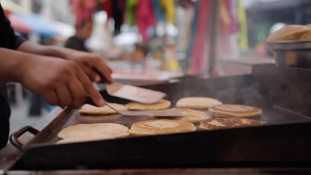 Skilled hands prepare delicious flatbreads on a hot griddle at a vibrant market stall