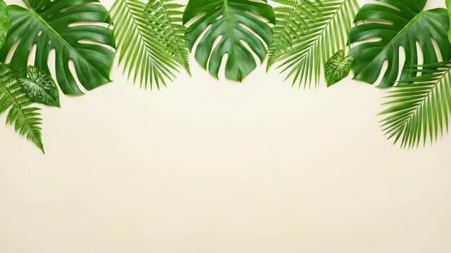 Tropical Leaves Border on Beige Background with Monstera Fern and Palm 4K