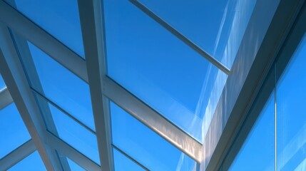 Modern Skylight Window Offers a View of Clear Blue Sky Above Urban Roof Structure During Daylight Hours