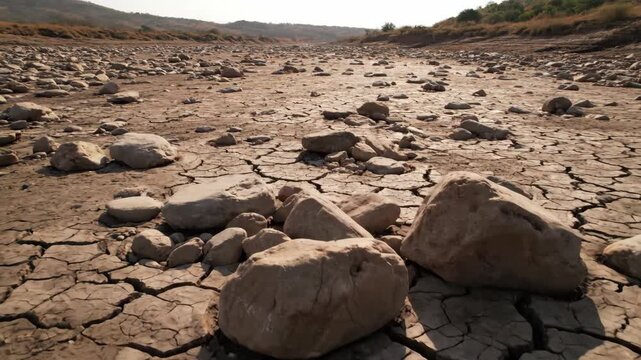 Dry cracked earth with large rocks scattered across a barren landscape, viewed from a low angle, resembling a desolate terrain with severe drought conditions as seen in 1 (22)_prob4.mp4