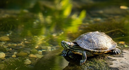 Small sunlit slider turtle with detailed shell pattern basking on a wet mossy rock near murky green water