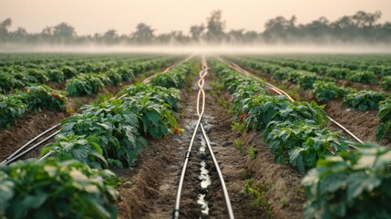 Obraz premium Potato field at sunrise with irrigation lines in the ground and mist over the crops during early morning hours