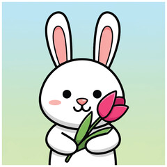 Obraz premium White Cartoon Rabbit Holding Pink Tulip.