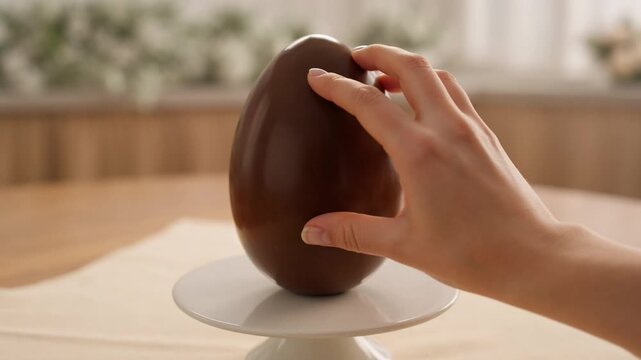Large Chocolate Egg on a White Cake Stand Surrounded by Pastel Decorations and Floral Arrangements in a Festive Setting