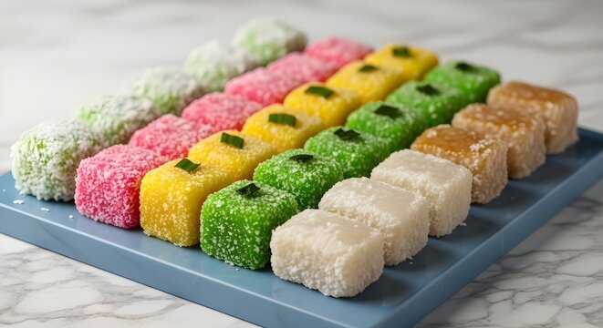 An assortment of colorful Indonesian traditional steamed rice cakes (Kue Lapis or Getuk) topped with coconut flakes and pandan leaves on a blue plate.