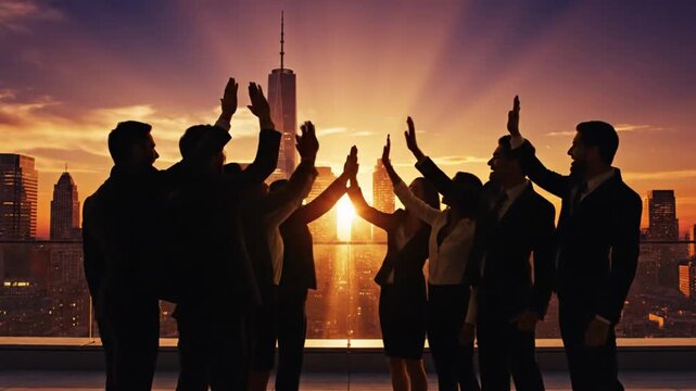 Silhouettes of a diverse group of business professionals high-fiving against a vibrant city skyline at sunset with a warm orange glow.