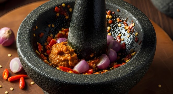 Preparation of traditional Indonesian chili paste (Sambal) using a stone mortar and pestle with red chili peppers, shallots, and shrimp paste on a wooden surface.