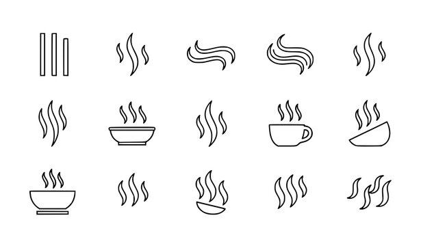 Cooking steam and warm aroma line icon set vector isolated on transparent background