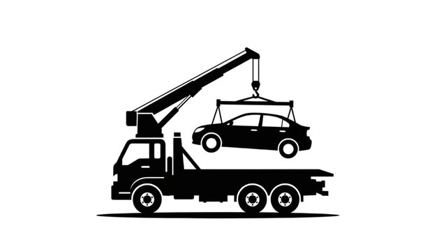 Black tow truck icon lifting vehicle, roadside assistance symbol, breakdown recovery vector illustration for auto service and emergency support