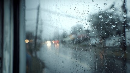Naklejka premium Raindrops on window blurry street bokeh lights