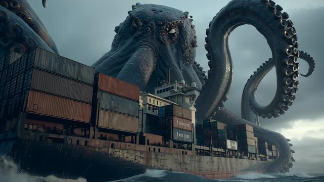 Kraken Attack Giant octopus attacking cargo ship in stormy ocean with dark clouds.