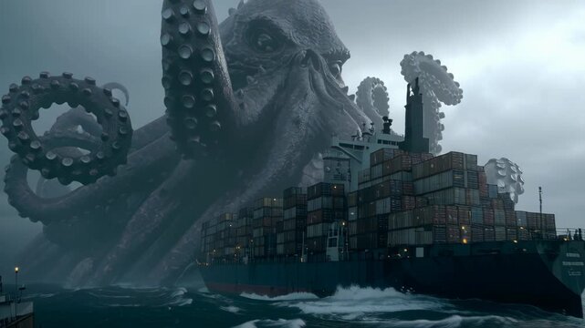 Kraken Attack Giant octopus attacking a cargo ship in stormy sea.