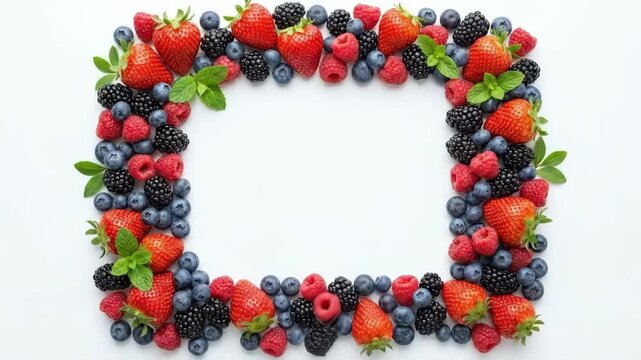 Fresh Mixed Berries Forming Rectangular Frame Border on White Background Copy Space