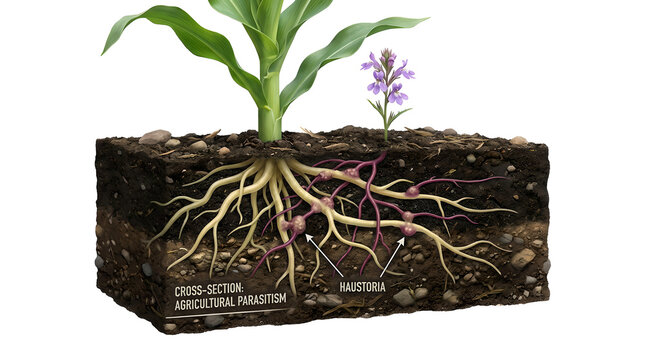 Detailed cross-section of agricultural parasitism in plant roots
