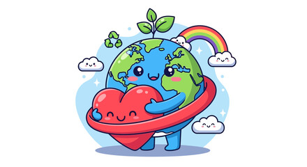 Fototapeta premium Cute cartoon Earth hugging heart with rainbow and clouds