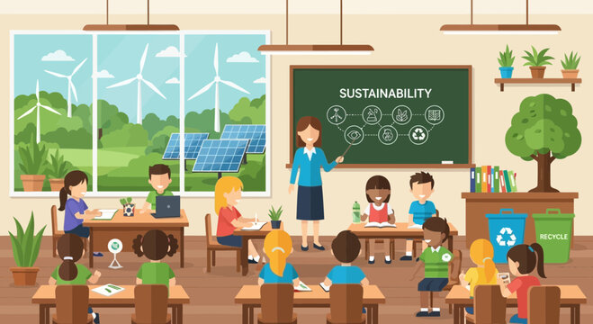 Teacher educating students about sustainability in modern classroom