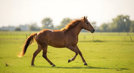 A beautiful brown horse with a flowing mane trots gracefully across a vibrant green field under the warm glow of the morning sun.