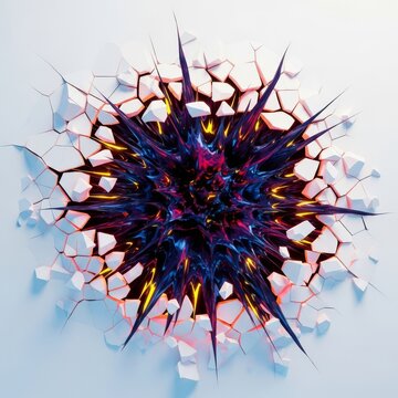 Abstract dark mass bursting through a white barrier, illustrating psychological turmoil, stress, and the struggle of mental health issues, suffering, distress, suppressed