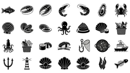 Fototapeta premium Collection of Seafood and Marine Life Icons.