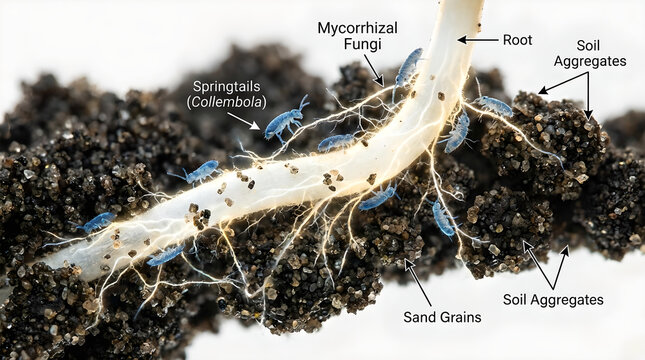 Soil ecosystem with springtails and mycorrhizal fungi supporting root growth