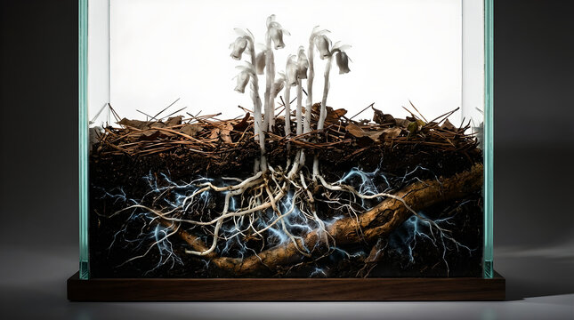 Glowing plant roots in dark soil with lightning effect in glass case