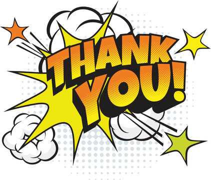Cartoon halftone thank you comic speech bubble. Speech balloon tag, comic cloud vector sticker. Text explosion halftone label with orange typography spark, smoke cloud and bang effect spark star