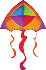 Cartoon festival triangular paper kite with blue, green, red and purple panels, long flowing ribbons trail. Kids outdoor sports isolated vector paper wing. Indian festival colorful kite flying toy