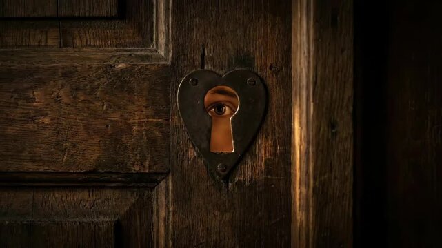 Close Up of Woman Eye Peering Through Heart Keyhole in Dark Wooden Door Animation