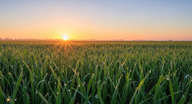 Sunrise over green field of crops