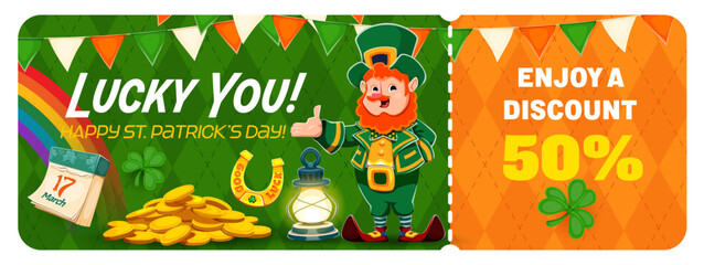 Fototapeta premium Happy St Patrick's Day sale voucher or discount coupon for Irish holiday, vector promo offer. Funny leprechaun with rainbow and lucky horseshoe for St. Patrick promotion discount voucher coupon