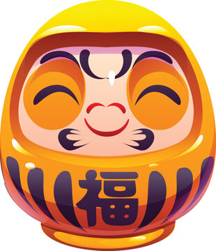 Japanese Daruma doll with cheerful smiling face, closed eyes and red lips or bold black details. Vector Japanese kanji symbols on body of Daruma Japanese doll of Japan culture symbol and talisman