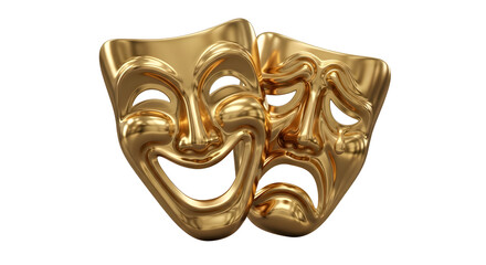 Golden theater masks joined together and isolated on a transparent background, a classic symbol of drama and artistic performance.