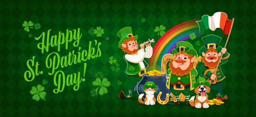 Naklejka premium Happy St Patrick's day holiday greeting card with funny leprechauns, cartoon vector banner. St Patrick Irish holiday leprechaun characters with Ireland flag, gold coins pot, horseshoe and shamrocks