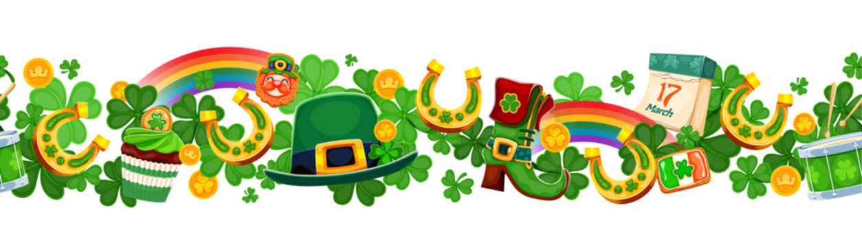 Seamless border with happy St Patrick's day shamrock clovers and objects, horseshoes, rainbow, gold coins and leprechaun hat, Irish boot, calendar page with 17 March. Festive horizontal holiday banner