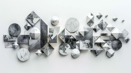 Fototapeta premium Abstract arrangement of diverse 3D geometric shapes with marble texture creatively composed and layered against a clean white background for modern graphic design