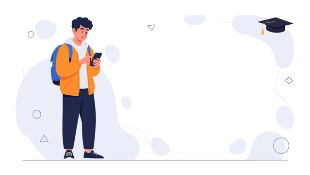 Student with backpack and smartphone, graduation cap on white background