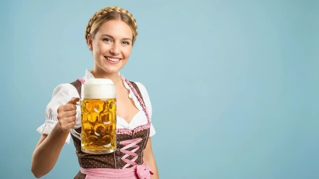 Oktoberfest Waitress Holding Beer Stein in Dirndl on Blue Background