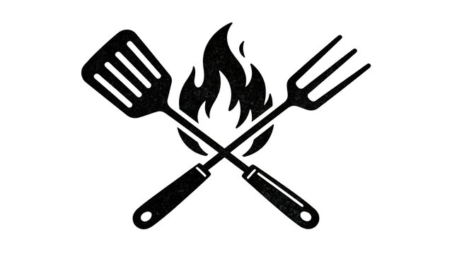 Crossed grill tools and fire flame logo for a barbecue party concept.
