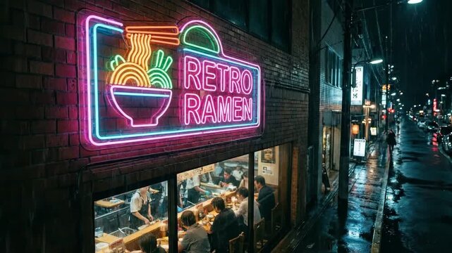Retro Ramen neon sign glowing on brick wall of japanese restaurant on rainy night 3D render